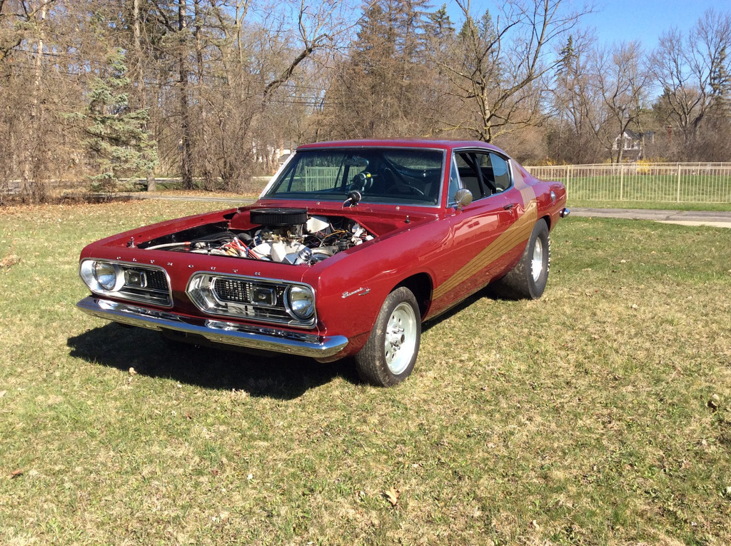 AI caption: a red muscle car is parked in the grass, car