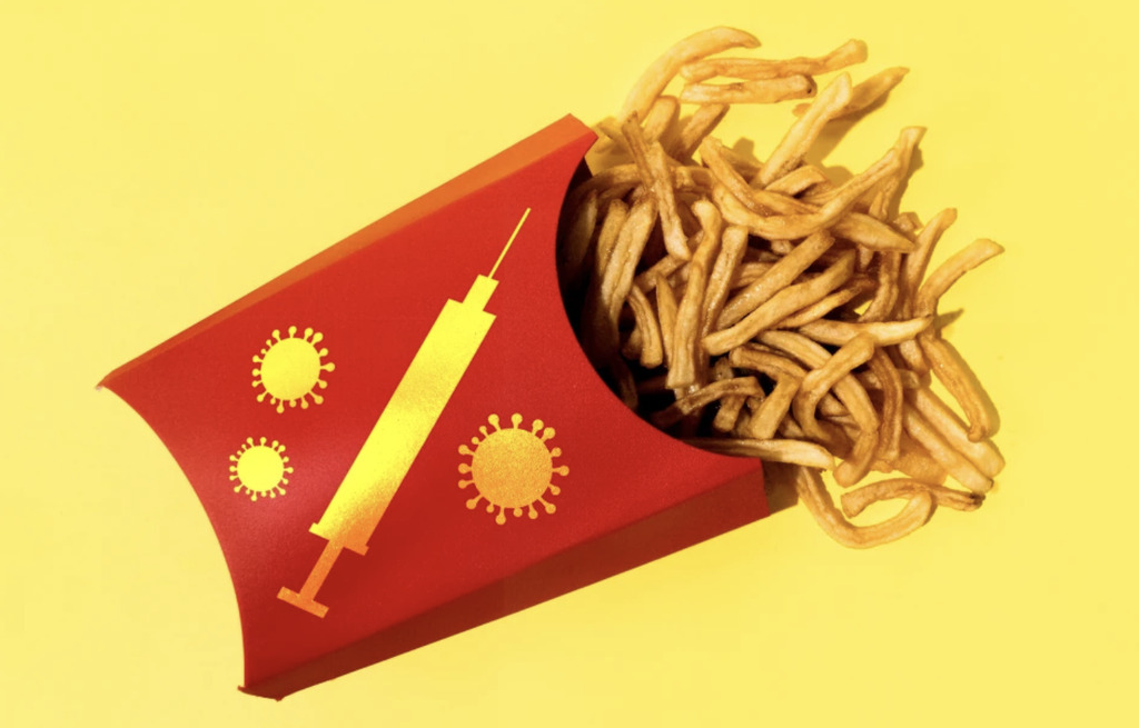 AI caption: a box of french fries with a coronavirus on it, graphic design