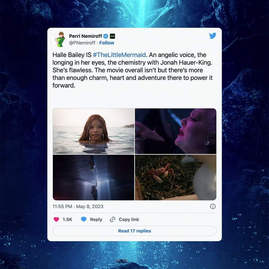 AI caption: the little mermaid first reactions disney's best live action remake yet, ad a tweet about disney's 'the frozen', the image is a disney character, a tweet the little mermaid twitter page, the image is a little mermaid, a tweet a twitter page with a picture of a woman in the water, the image is a sexy image, a tweet