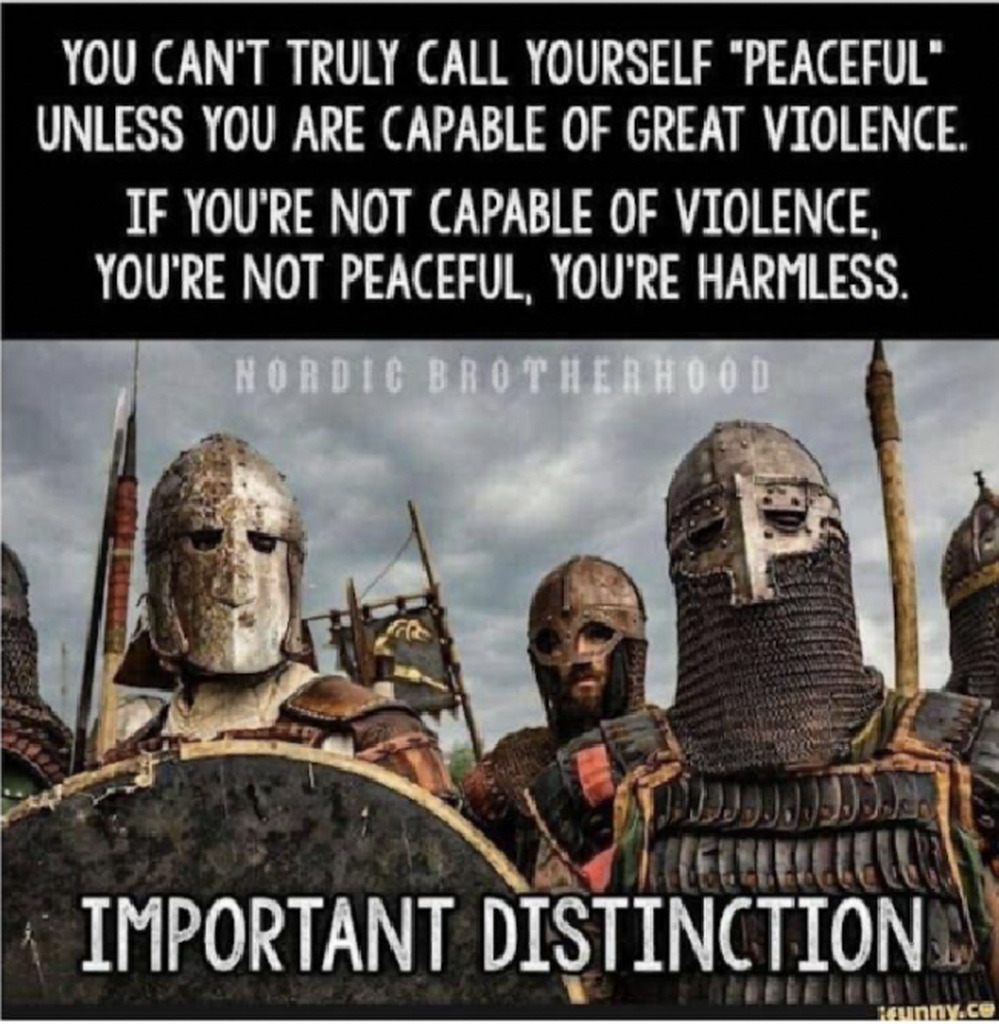 AI caption: here comes the diversity you are about to be culturally enriched, graphic design a group of men in armor with the words, you can't truly call yourself peaceful unless you are capable of great violence