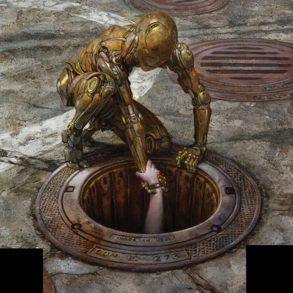 AI caption: a painting of a man reaching into a manhole, oil painting