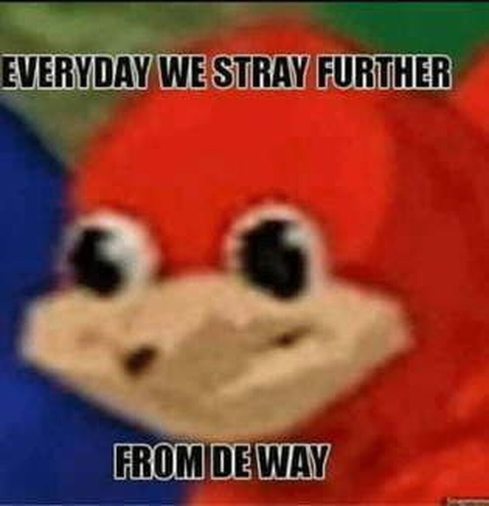 AI caption: a red sonic character with the words everyday we stray further from deway, cartoon