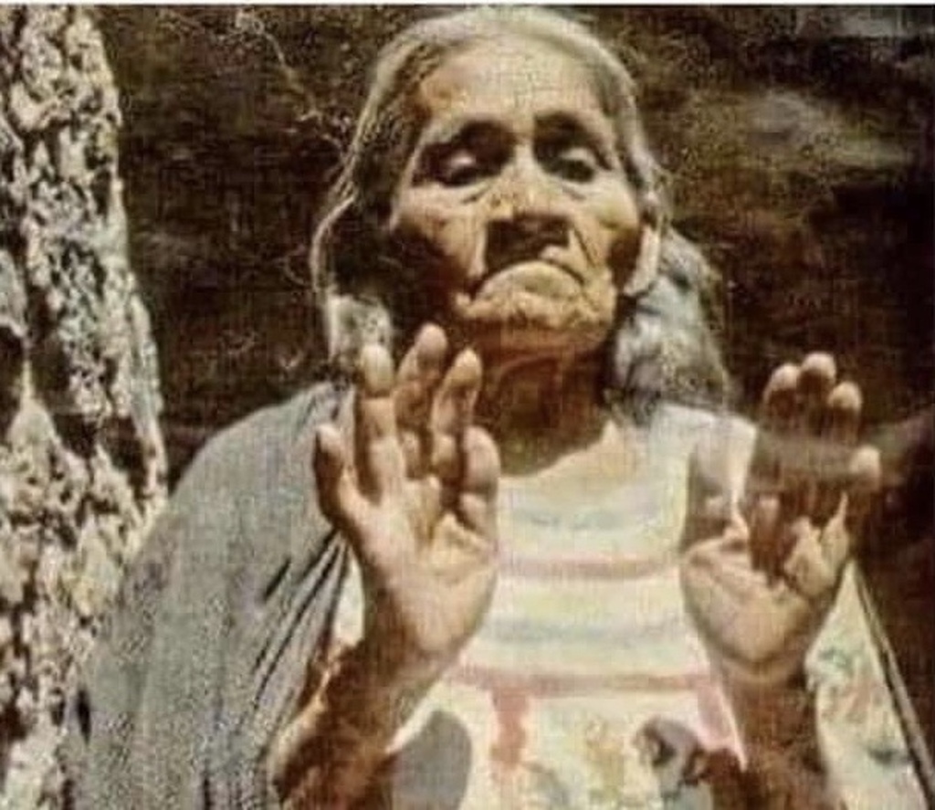 AI caption: an old woman with her hands up, old fashioned