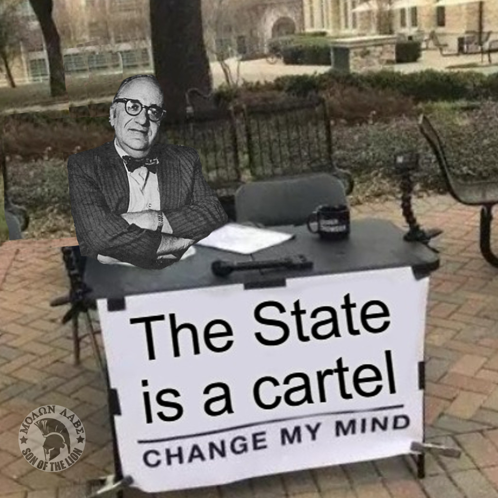 AI caption: a man sitting at a table with a sign that says the state is a cartel, a black and white image