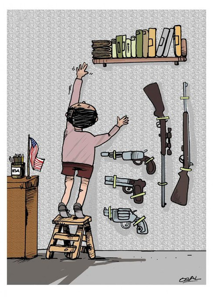 AI caption: a cartoon of a man reaching up to a shelf full of guns, cartoon