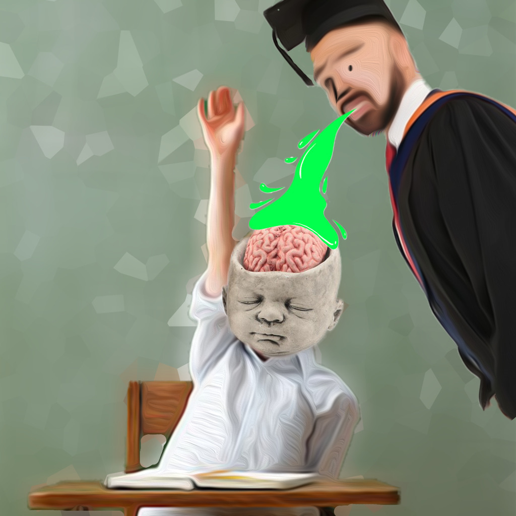 AI caption: a man in a graduation cap is holding a green brain, cartoon