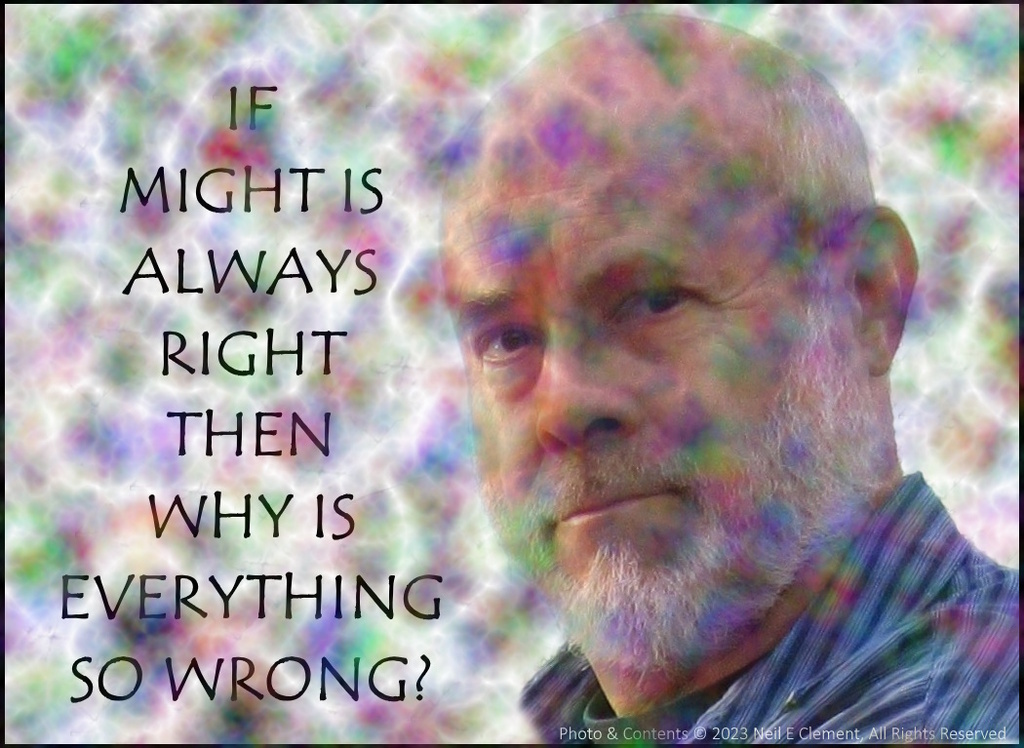 AI caption: a man with a beard and a quote that says if might is always right then why is everything so wrong, portrait