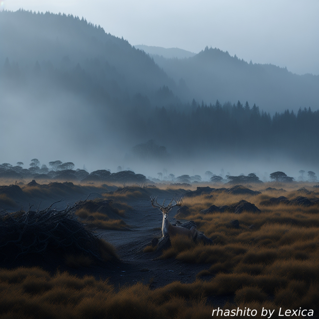 AI caption: a dead tree in a field with fog, landscape