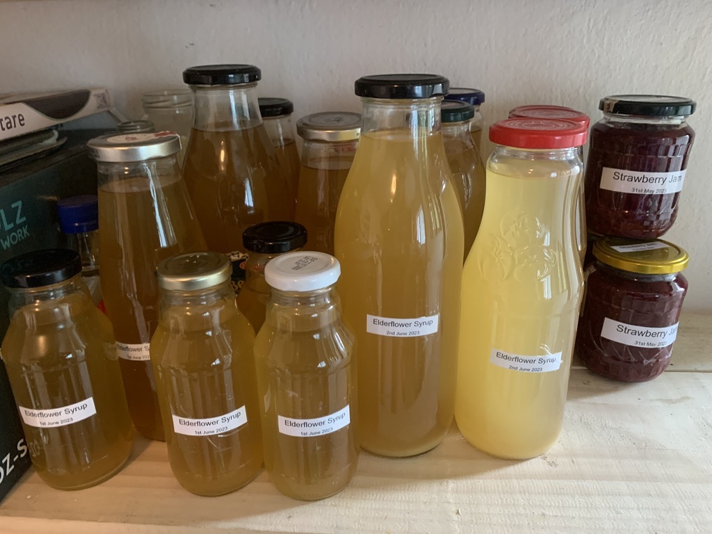 AI caption: a basket of dried elderflowers, a close up of a basket of flowers a pot of water with a lot of grains in it, the pot is full of water, black and white a table with bottles of juice and jams, the bottles are full of liquid