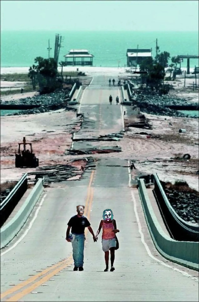 AI caption: two people walking down a road with a bridge in the background, documentary