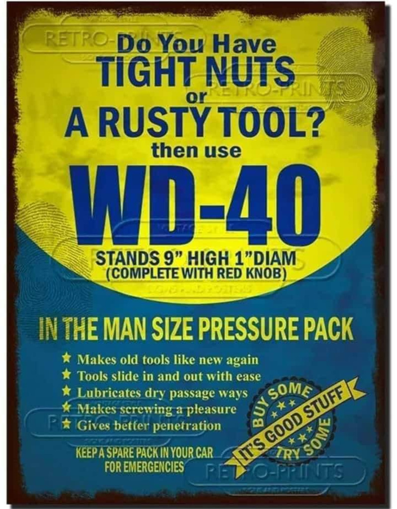 AI caption: a rusty tool with the words wd-40, vintage