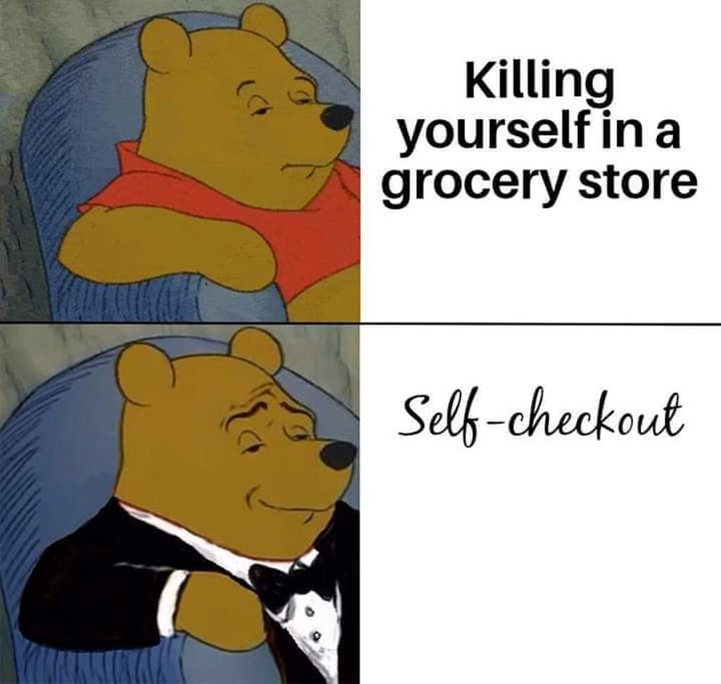 AI caption: winnie the pooh bear is sitting in a chair and is killing yourself in a grocery store, cartoon