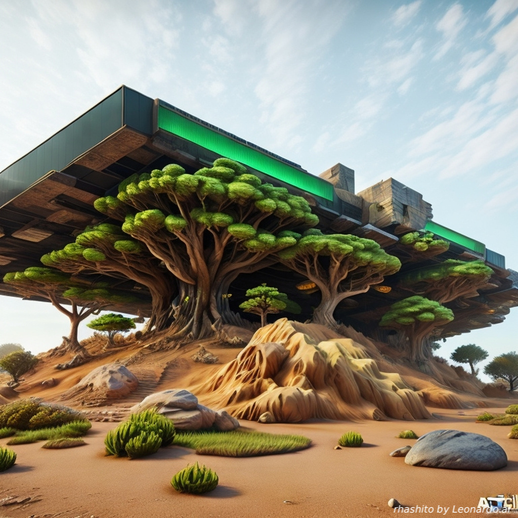 AI caption: a futuristic house with trees in the desert, 3d