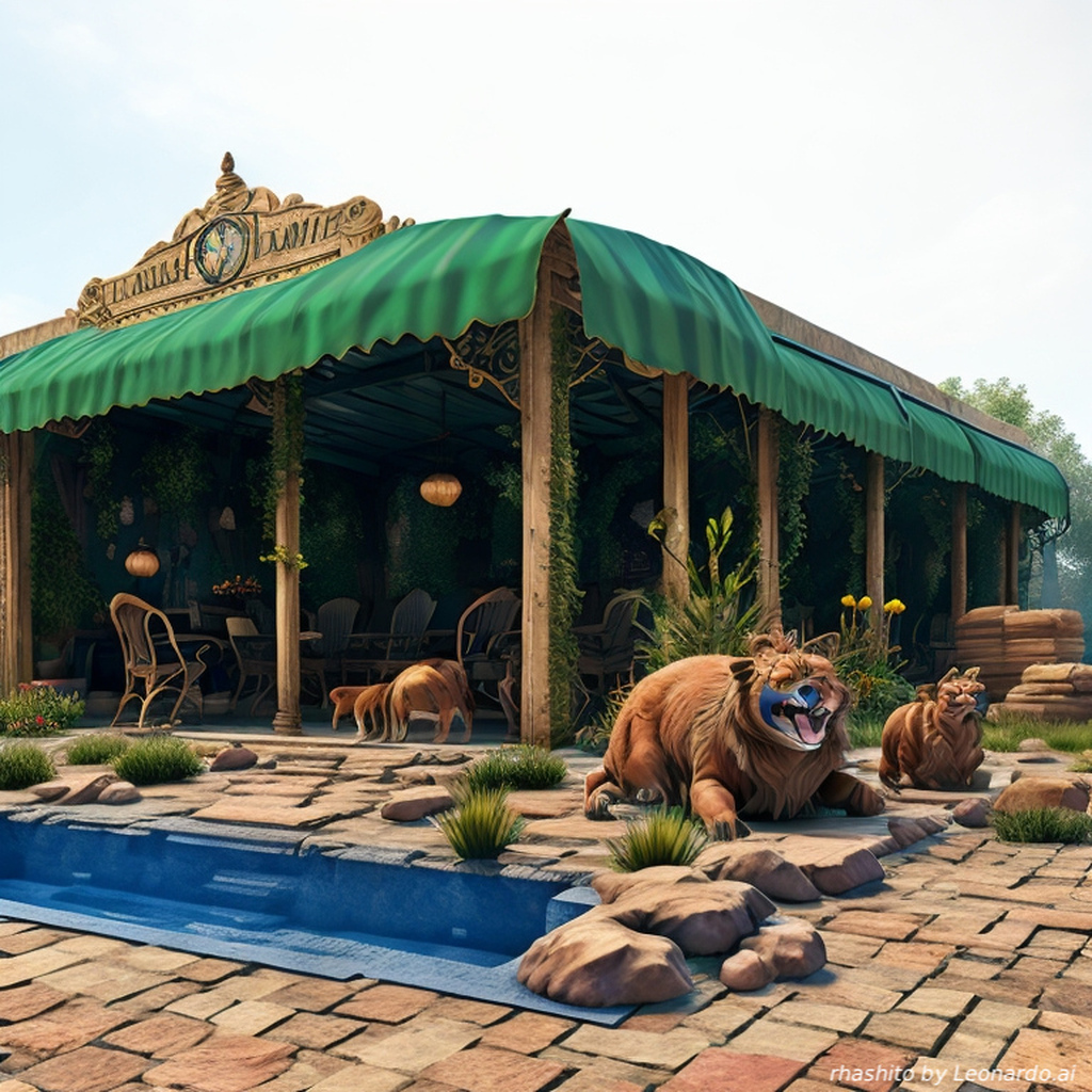 AI caption: a tiger and a lion are sitting in front of a pool, 3d