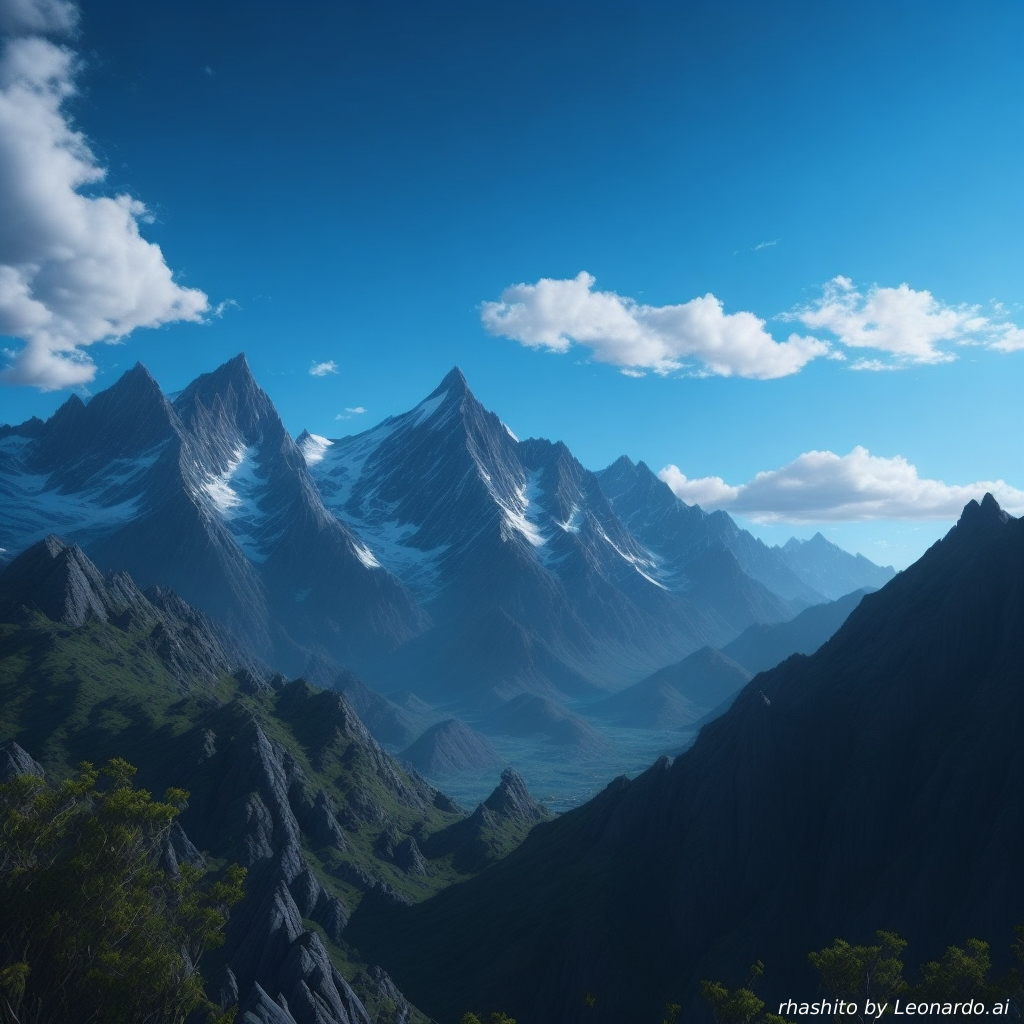 AI caption: a mountain range with snow and clouds, 3d