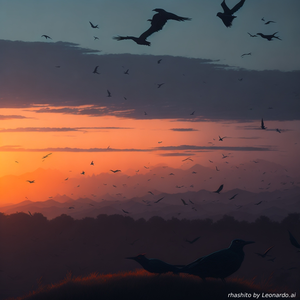 AI caption: a sunset with birds flying in the sky, abstract