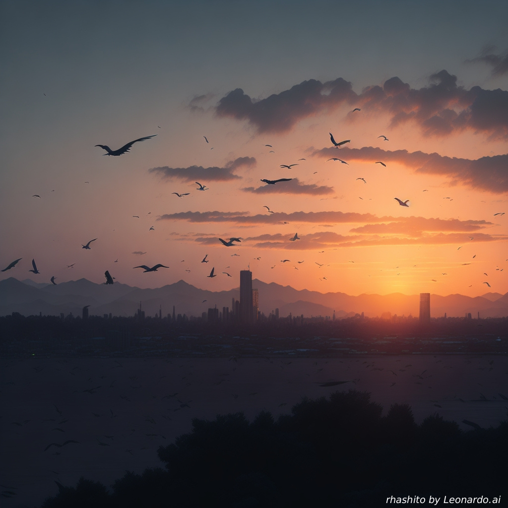 AI caption: a city with birds flying over it, abstract