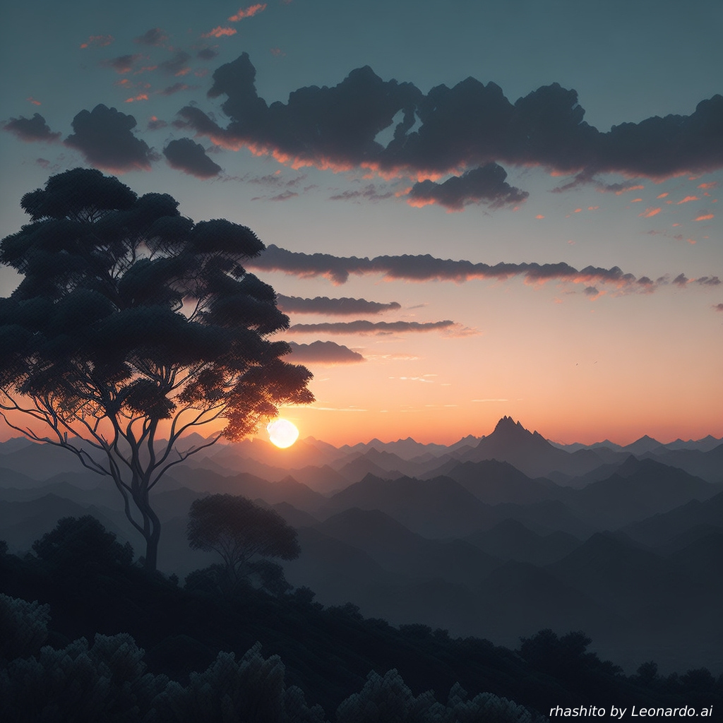 AI caption: a sunset over a mountain with a tree in the background, abstract