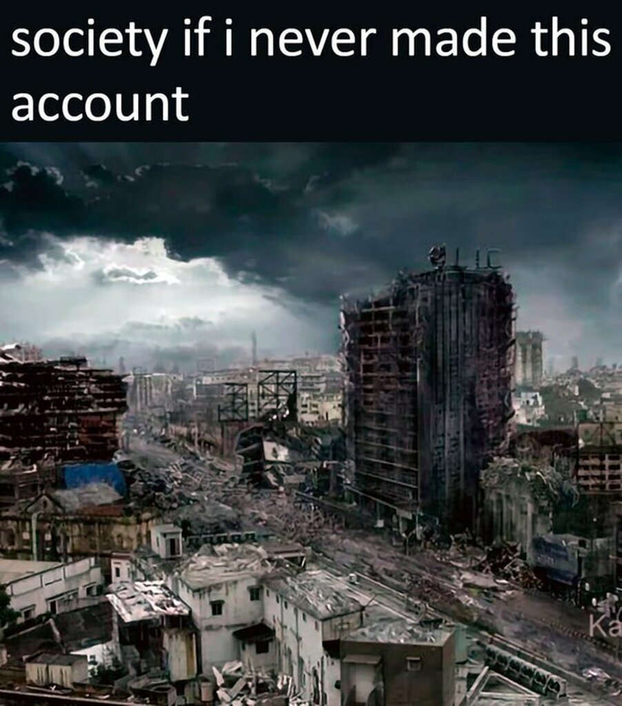 AI caption: a city with a text saying society if never made this account, it is a meme