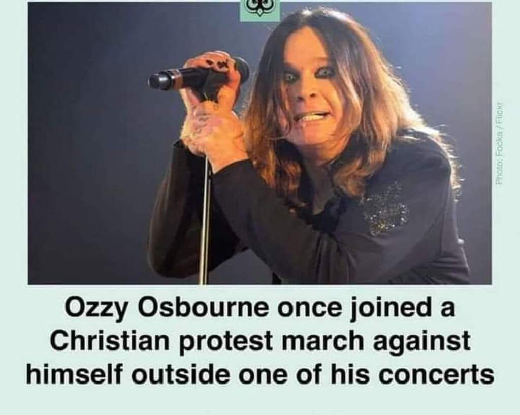 AI caption: a picture of a man with a microphone and the text ozzy osbourne once joined a christian protest march against himself outside one of his concerts, comic