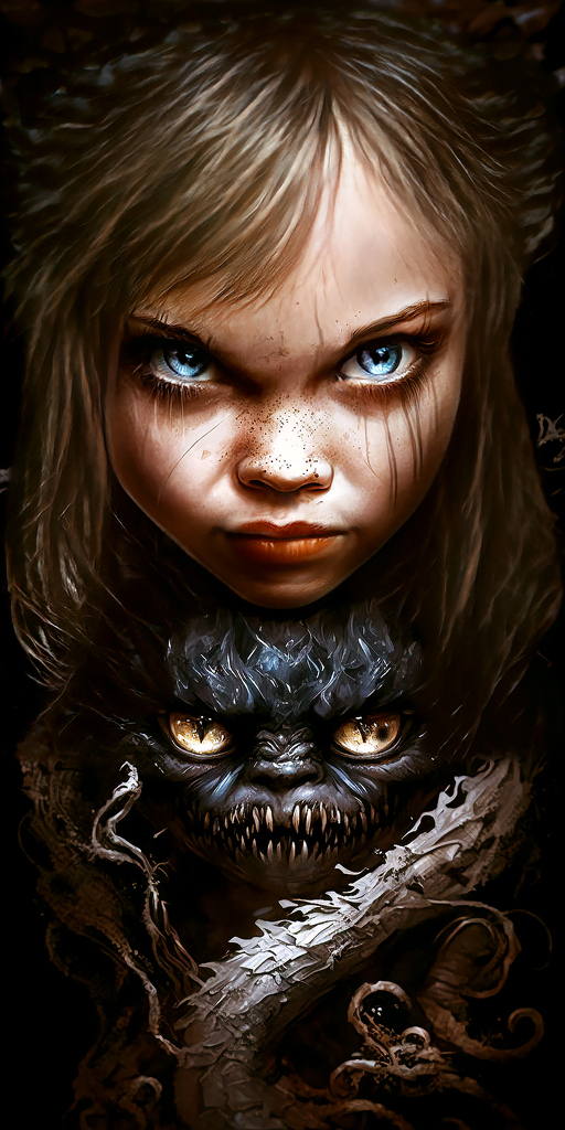 AI caption: a girl with blue eyes and a monster in her face, fantasy