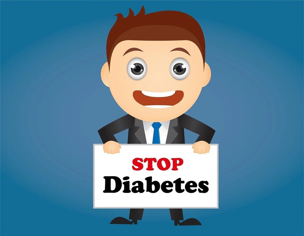 AI caption: a cartoon man holding a sign saying stop diabetes, cartoon