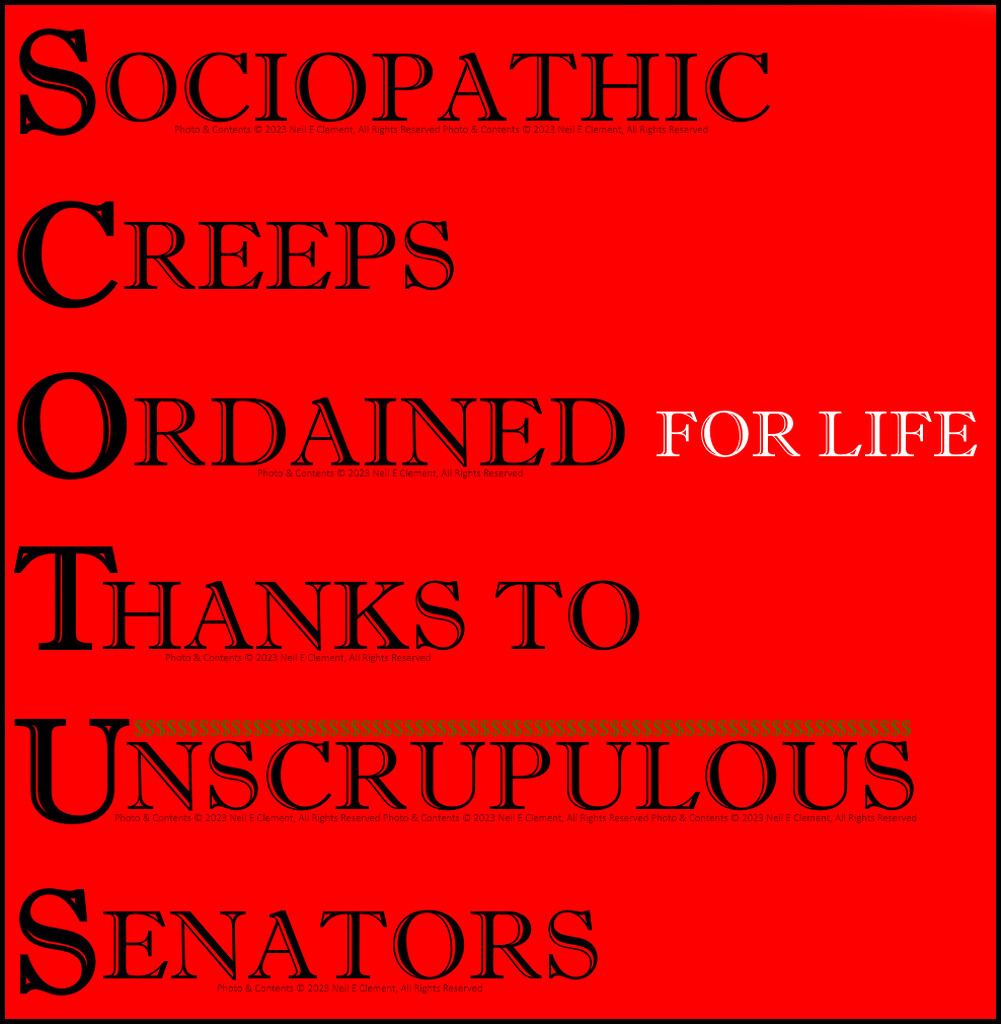 AI caption: a poster that says sociopathic creeps ordained for life thanks to life unsurprising senate, black and white