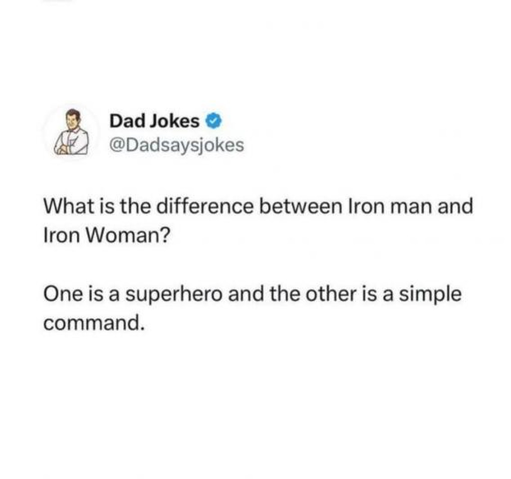 AI caption: a tweet that says what is the difference between iron man and woman, comic book