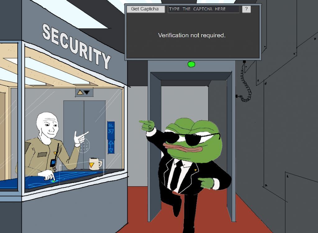 AI caption: a cartoon frog is standing in front of a security guard, cartoon