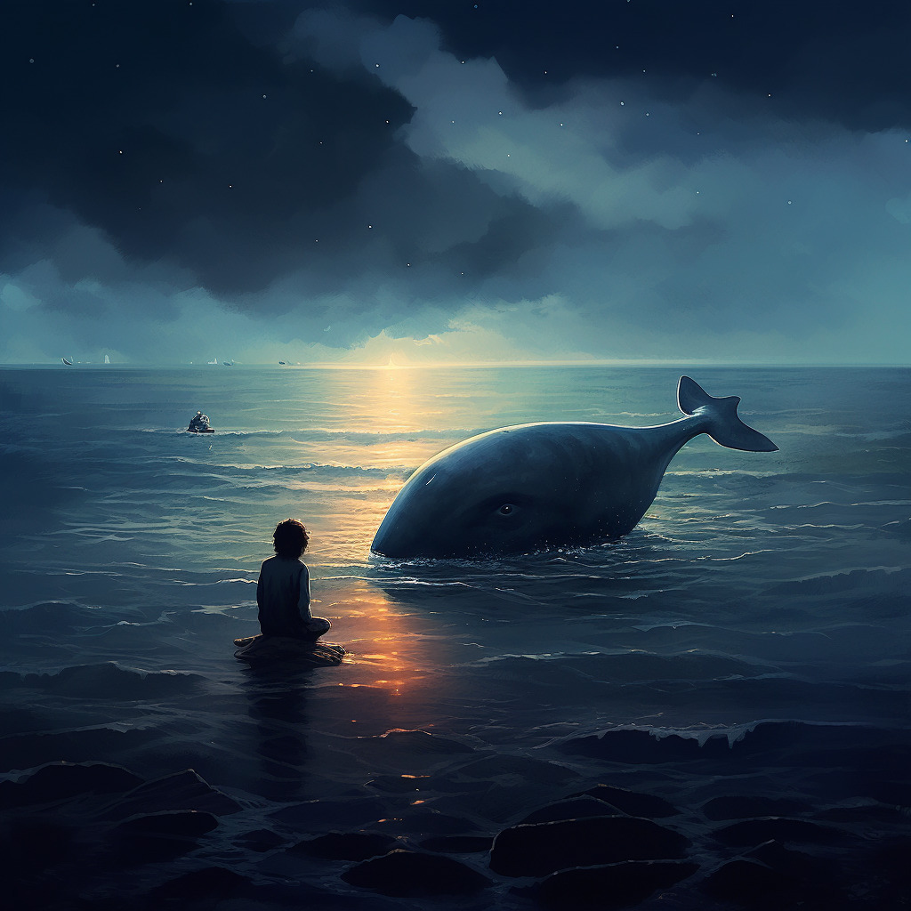 AI caption: a boy is sitting in the ocean watching a whale, abstract