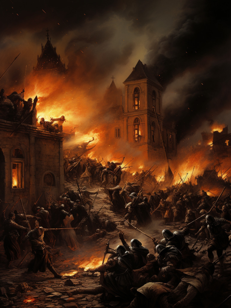 AI caption: a painting of a battle in a city with fire, painting