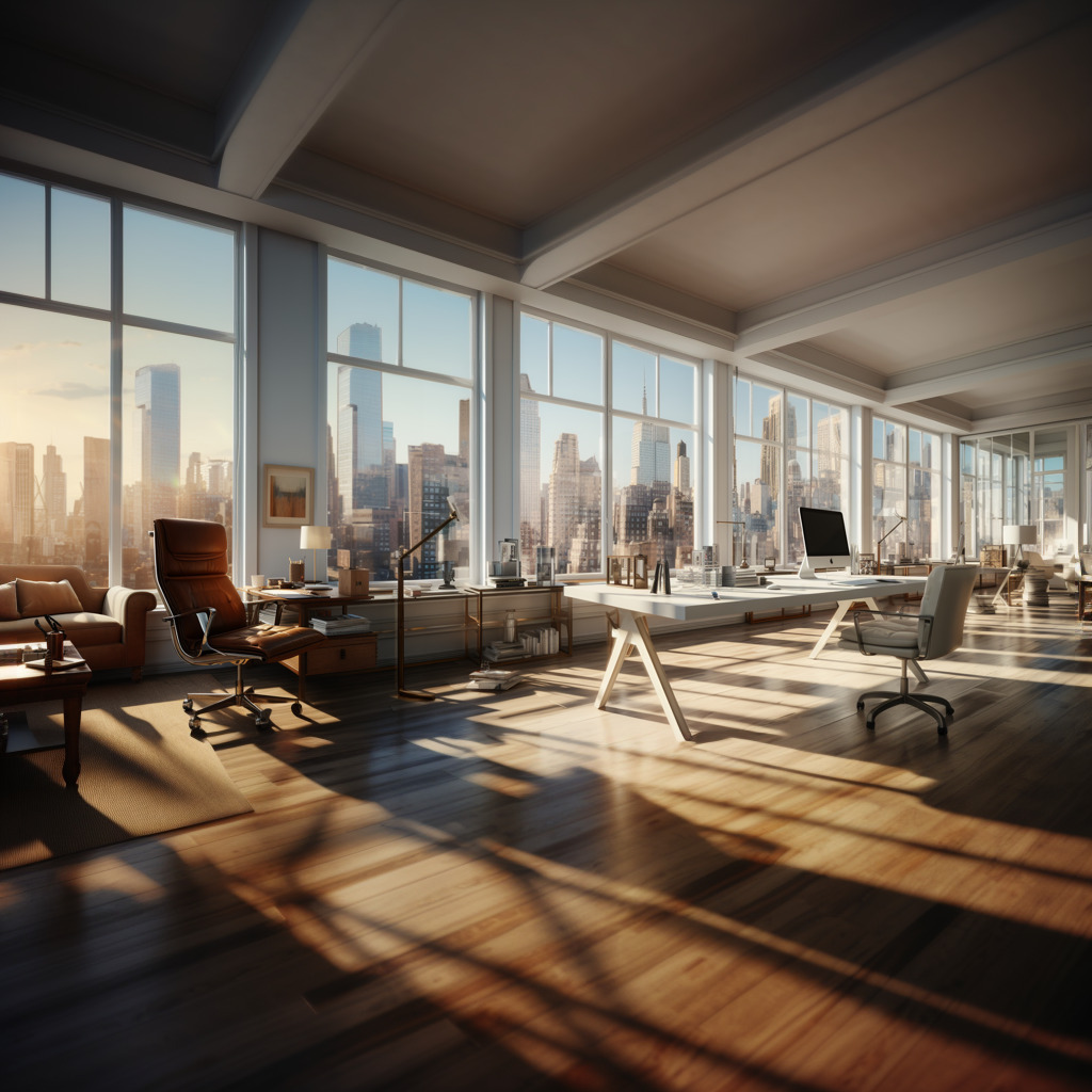 AI caption: an office with large windows overlooking the city, 3d rendering