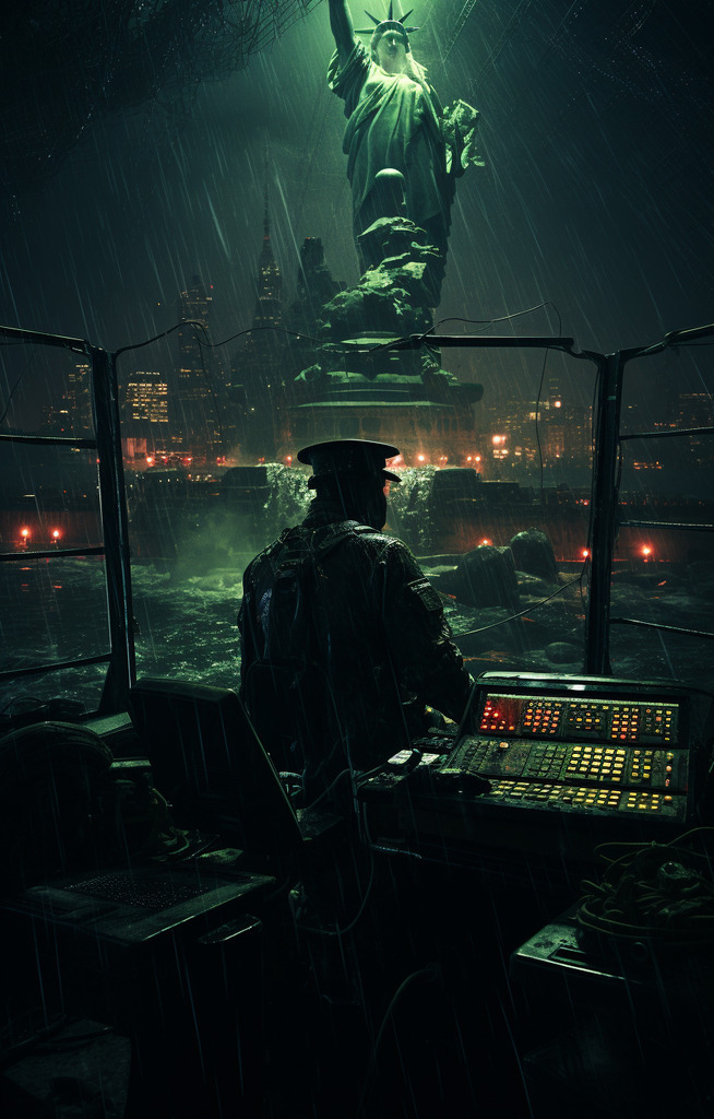 AI caption: a man is sitting at a desk in front of a statue of liberty, dark and moody