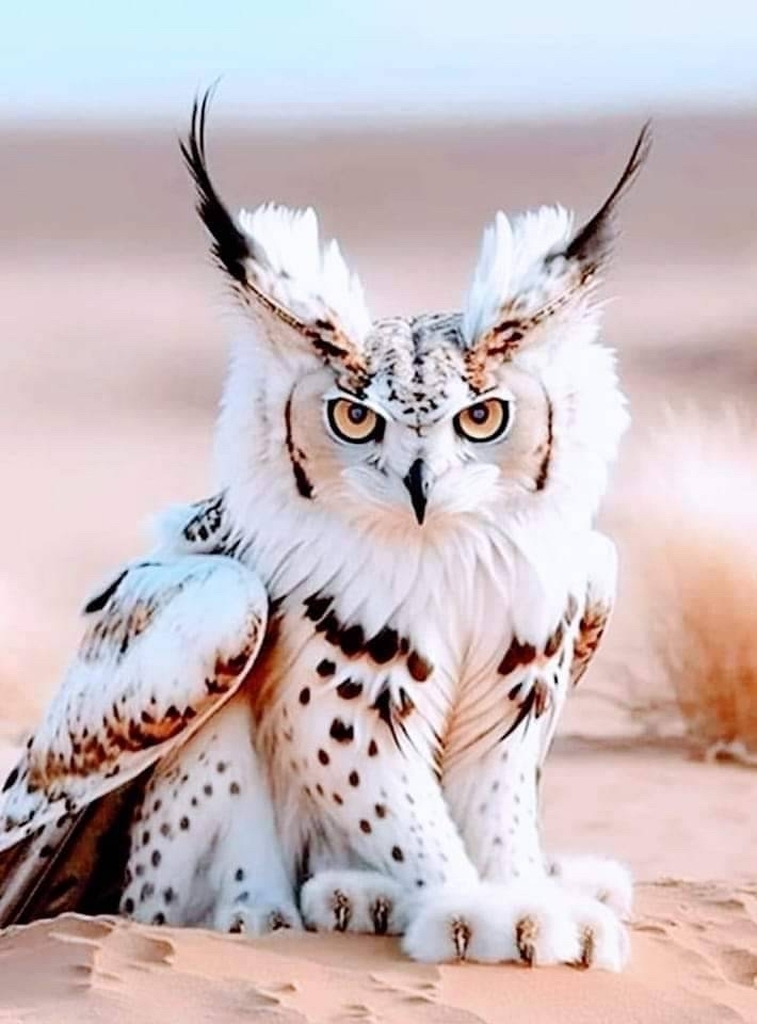 AI caption: a white owl sitting on the sand in the desert, abstract