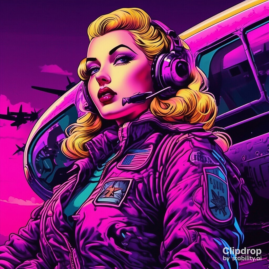 AI caption: a drawing of a pin up girl with a pen, pin up a woman in a pink jacket is standing next to a plane