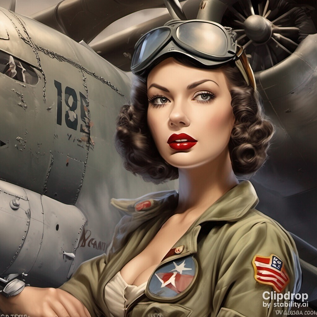 AI caption: a drawing of a pin up girl with a pen, pin up a woman in a pink jacket is standing next to a plane, the girl is wearing a pink jacket, pop art a woman in a military uniform is standing next to an airplane, the girl is wearing a uniform