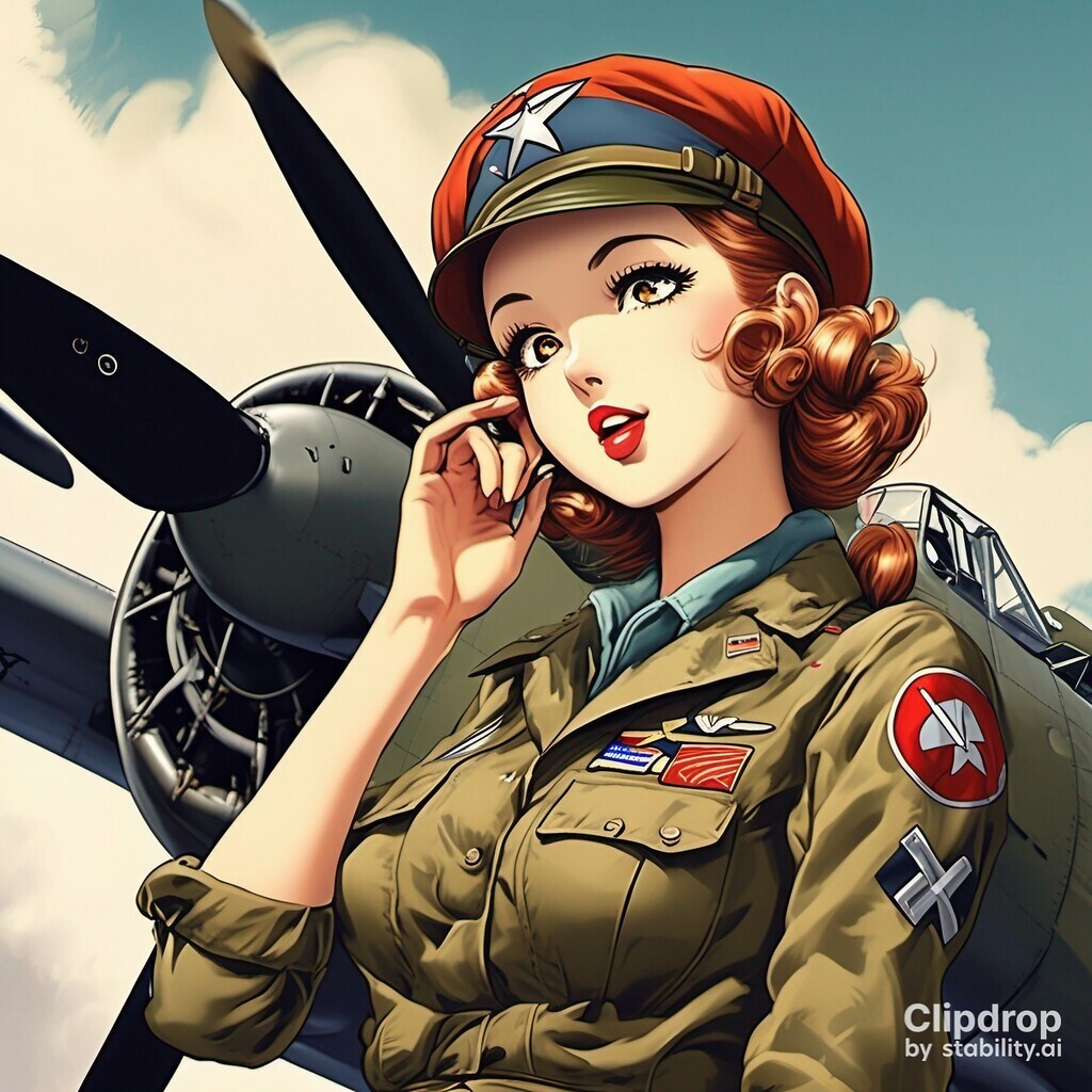 AI caption: a drawing of a pin up girl with a pen, pin up a woman in a pink jacket is standing next to a plane, the girl is wearing a pink jacket, pop art a woman in a military uniform is standing next to an airplane, the girl is wearing a uniform, a comic book illustration a girl in military uniform talking on the phone, the girl is talking on the phone, anime