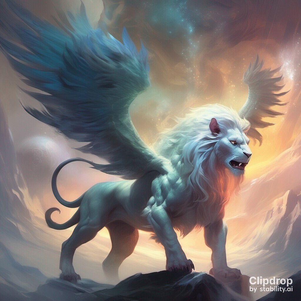 AI caption: a large creature with a large head, fantasy a white lion with wings on a mountain