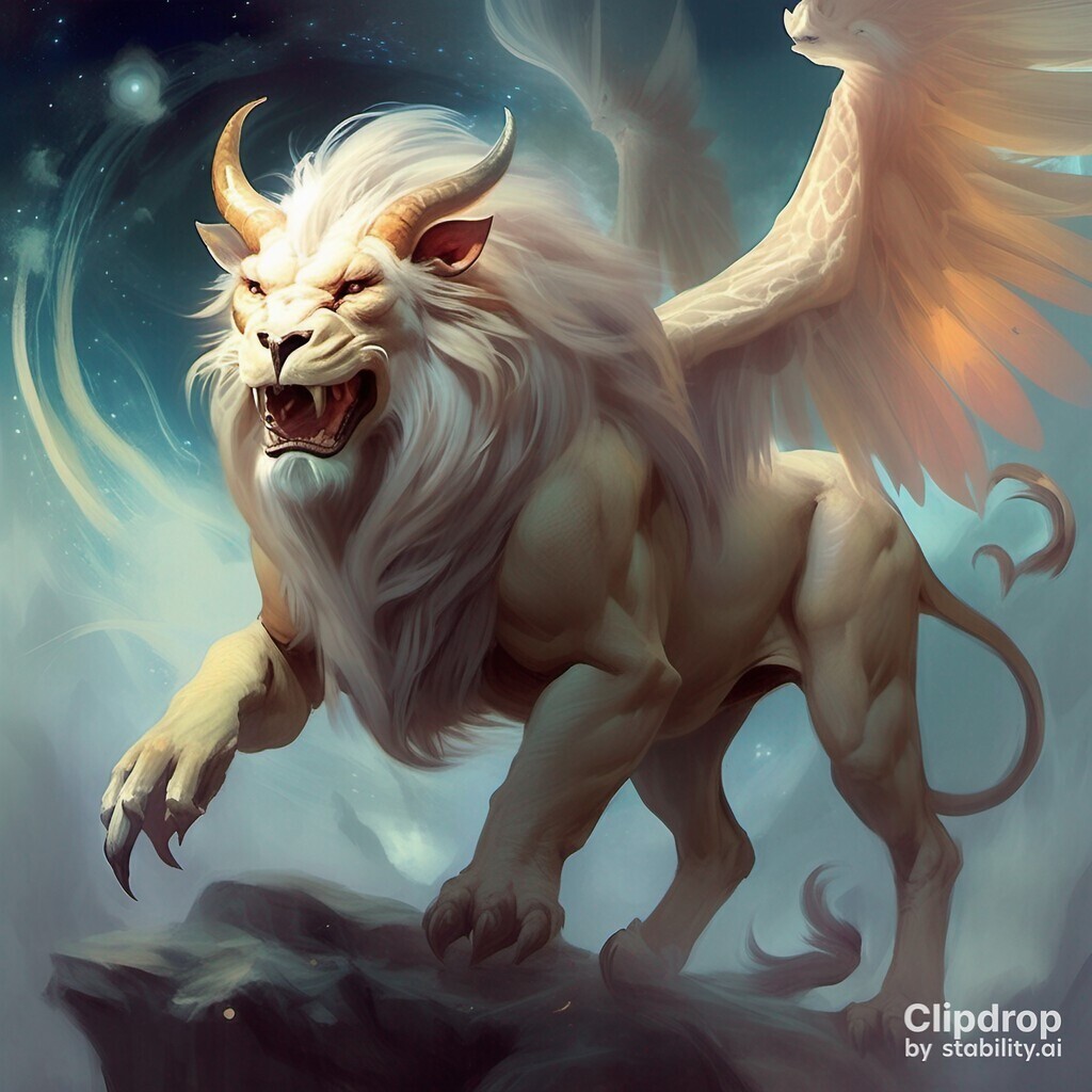 AI caption: a large creature with a large head, fantasy a white lion with wings on a mountain, the lion is a white lion with wings, fantasy a white lion with wings on a rock, the lion is a demon