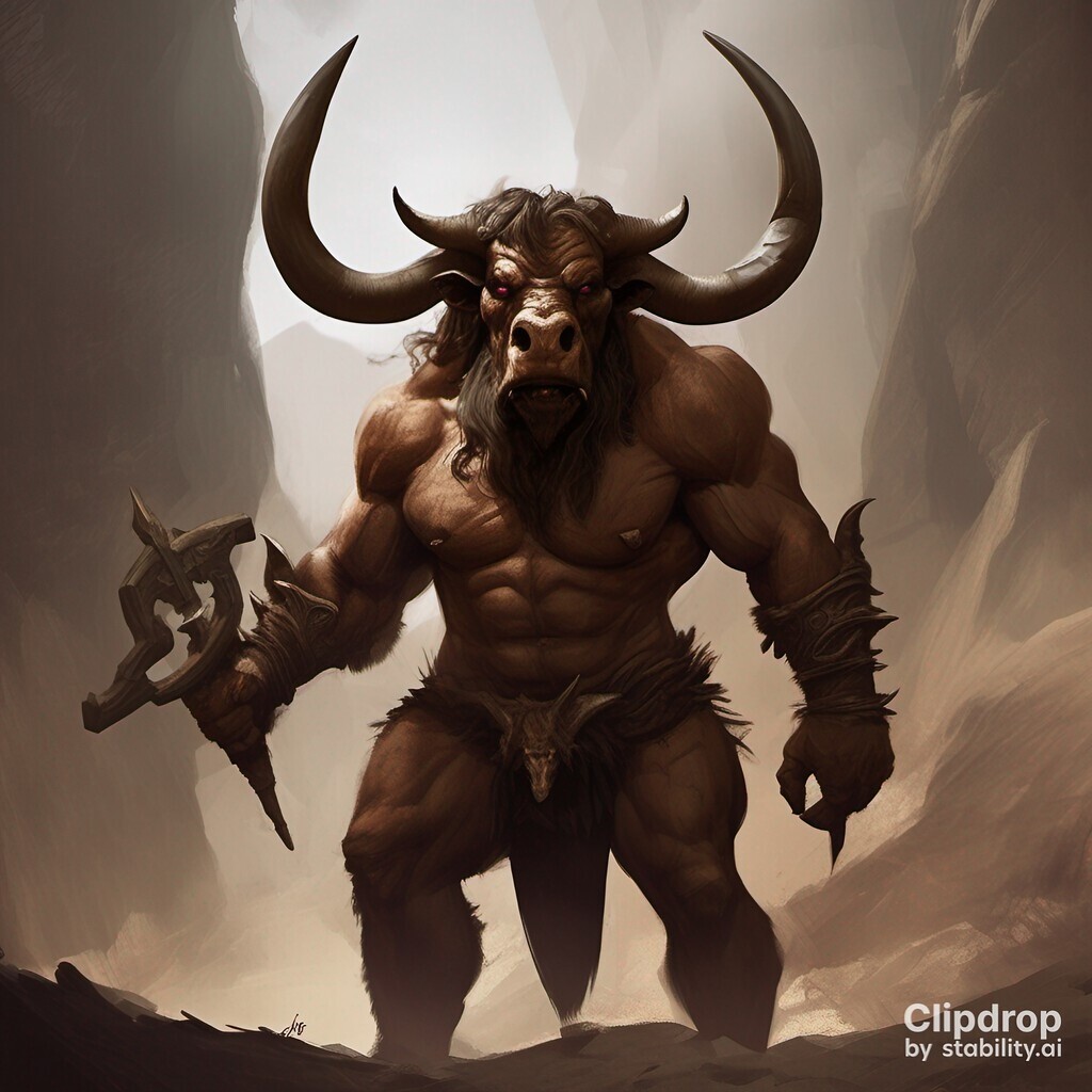 AI caption: a large bull with horns standing in a cave, fantasy the cover of the comic book, a bull with horns