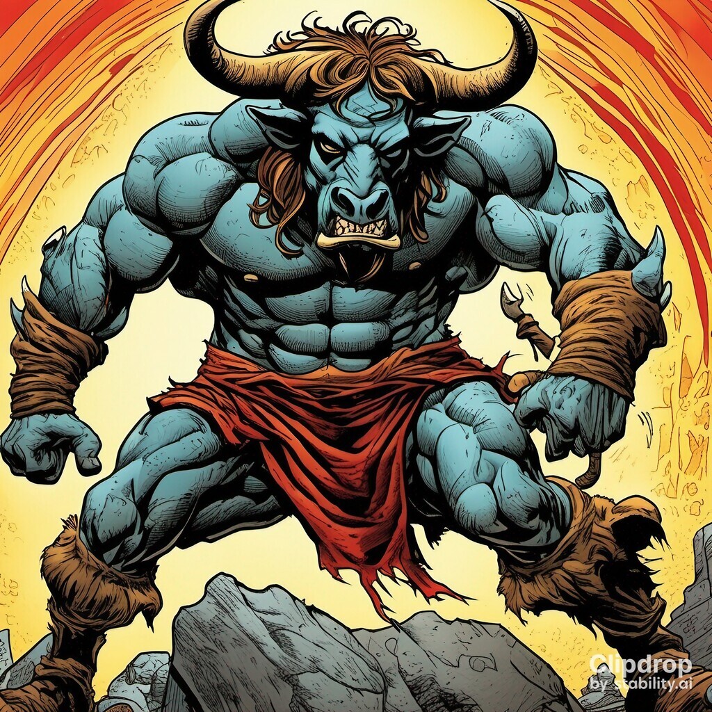 AI caption: a large bull with horns standing in a cave, fantasy the cover of the comic book, a bull with horns, it shows a bull with horns, comic book a man with horns walking through a dark cave, it is a bull