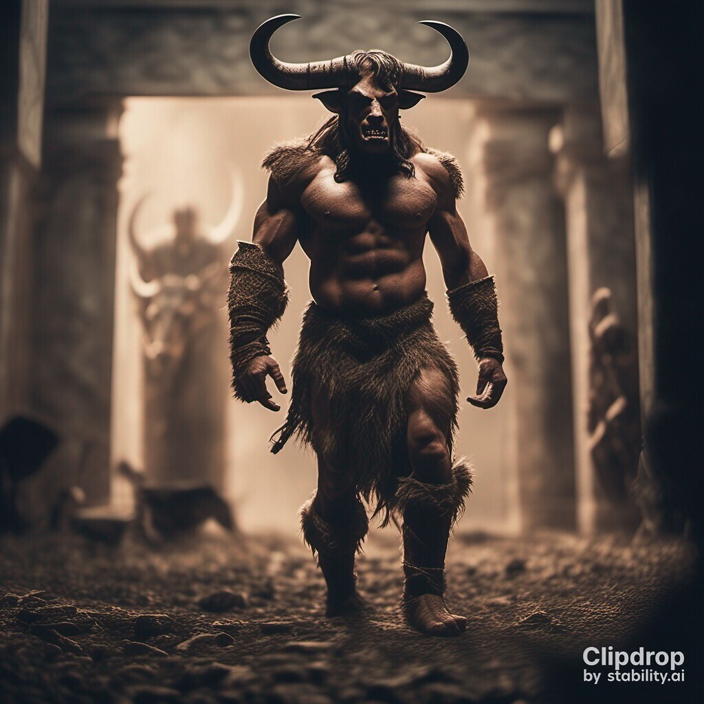 AI caption: a large bull with horns standing in a cave, fantasy the cover of the comic book, a bull with horns, it shows a bull with horns, comic book a man with horns walking through a dark cave, it is a bull, fantasy